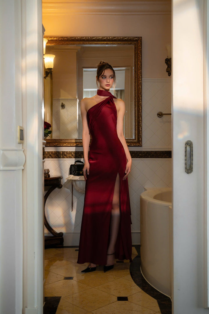 Isis Satin Gown in Maroon