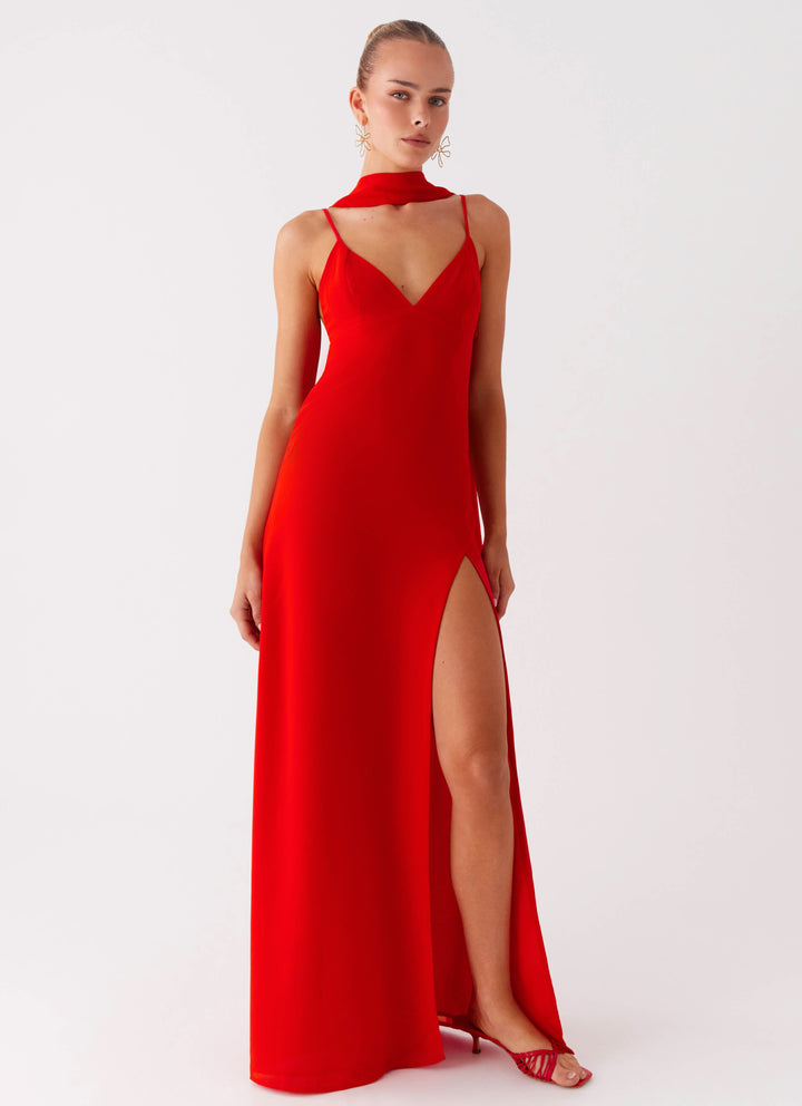 Eve Red Satin Maxi Dress with Scarf  - Raspberry Red