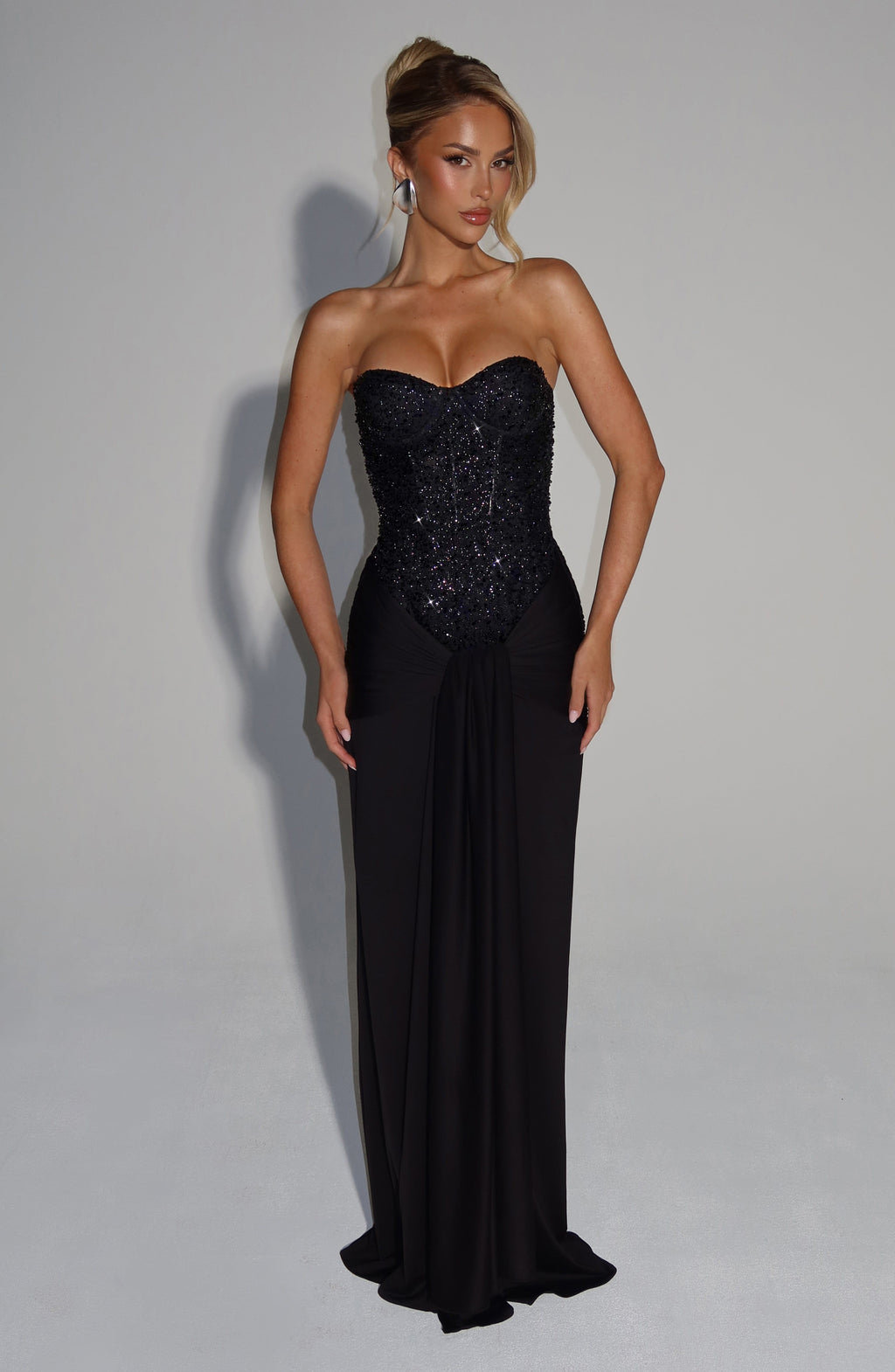 Velvet Flame Strapless Maxi Dress in Black