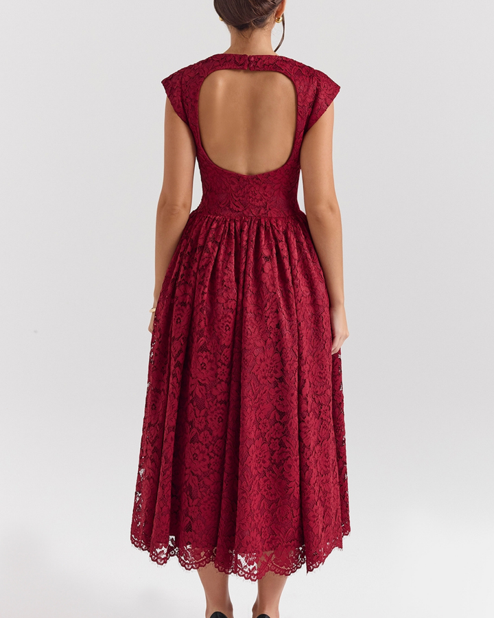 Josefina Berry Lace Backless Midi Dress in Maroon