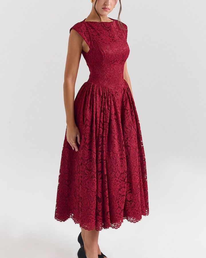 Josefina Berry Lace Backless Midi Dress in Maroon