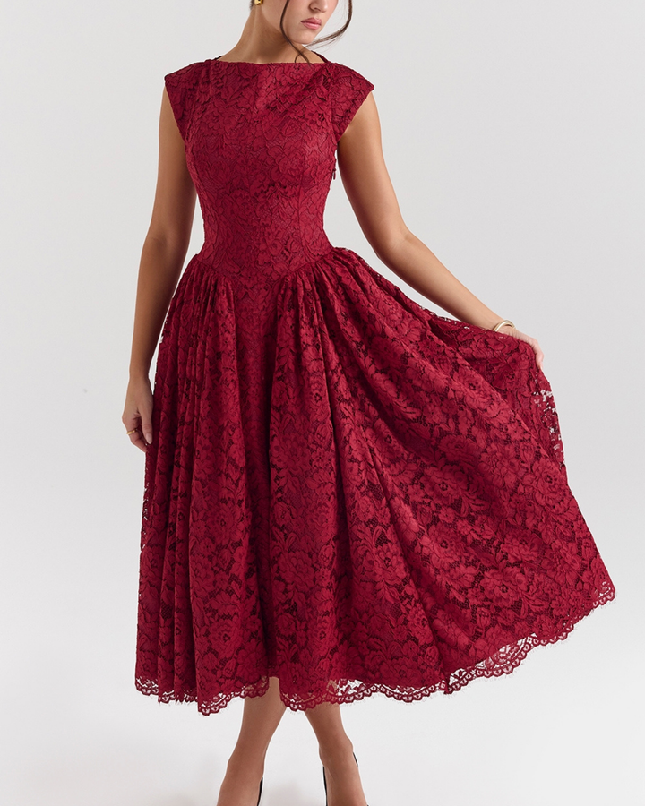 Josefina Berry Lace Backless Midi Dress in Maroon