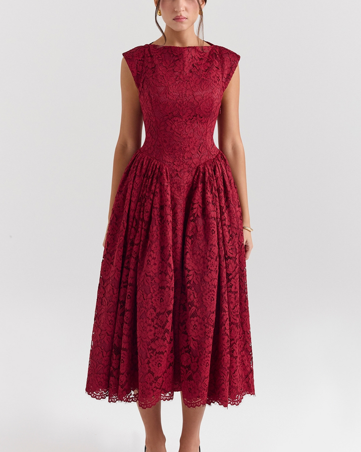 Josefina Berry Lace Backless Midi Dress in Maroon