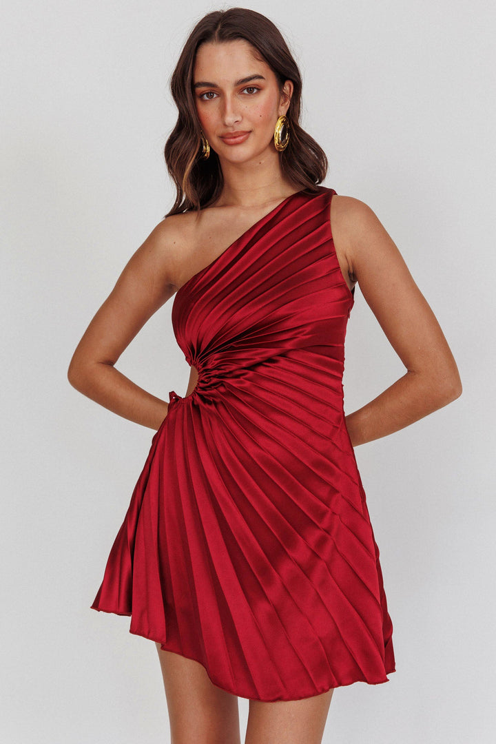 Tyla Waterfall One-Shoulder Plisse Mini Dress Black