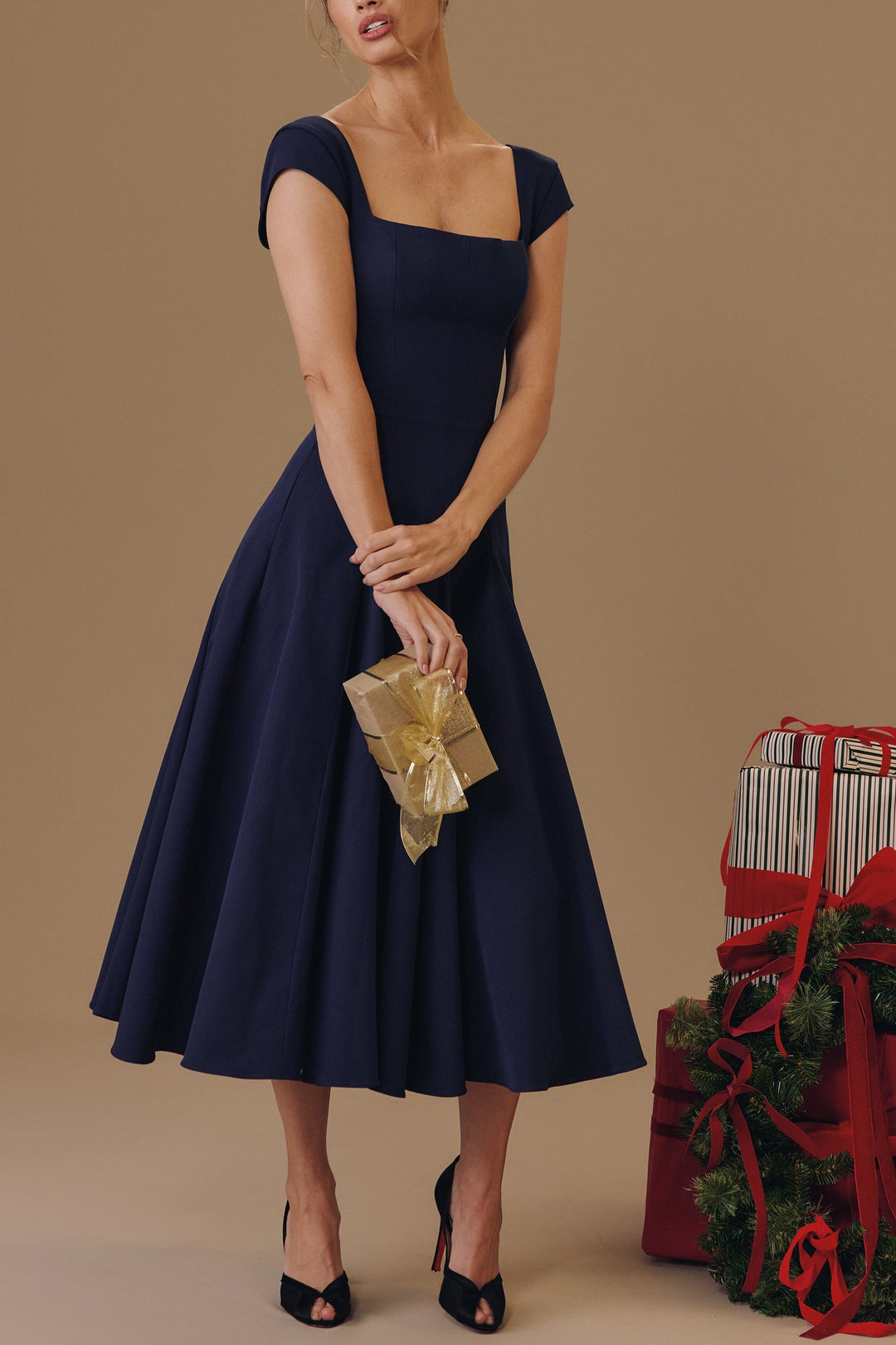 Elise Cap Sleeve Midi Dress in NavyBlue OUTCAST Elise Cap Sleeve Midi Dress in NavyBlue OUTCAST