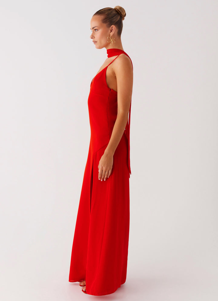 Eve Red Satin Maxi Dress with Scarf  - Raspberry Red