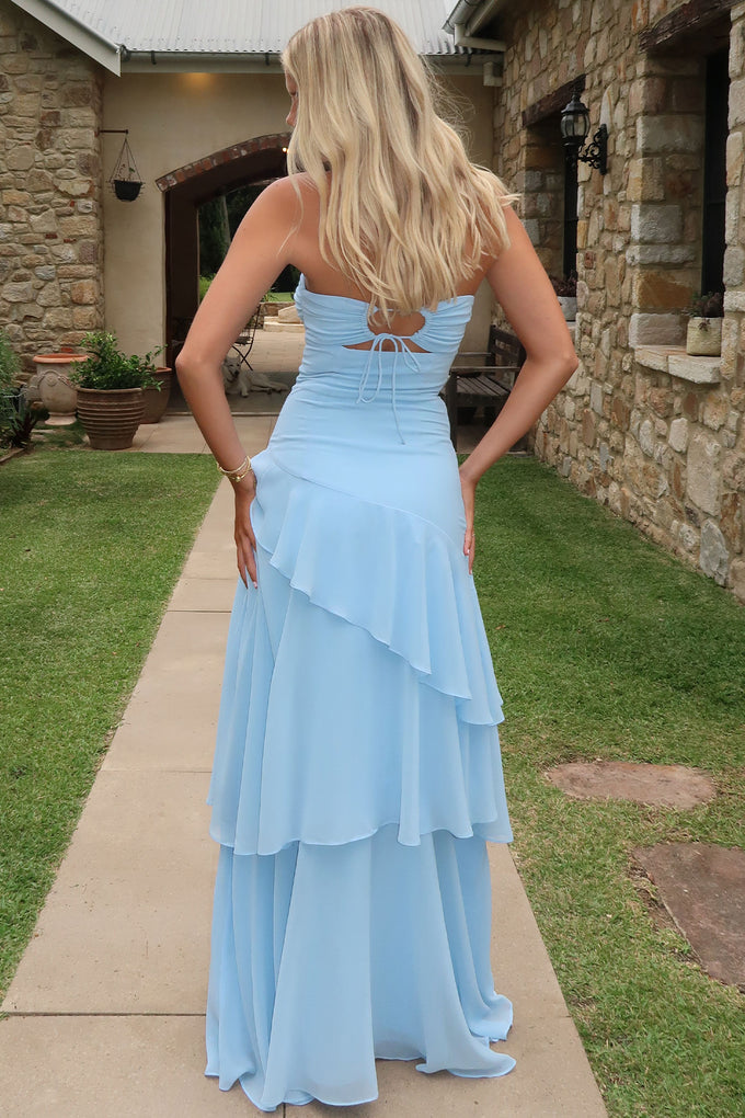 Azure Strapless Ruffle Maxi Dress