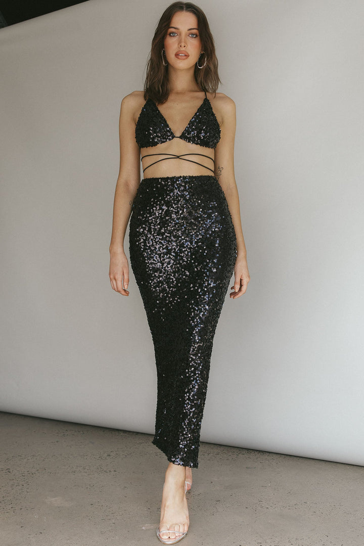 Donna Black Sequin Maxi Co-ord Set Black