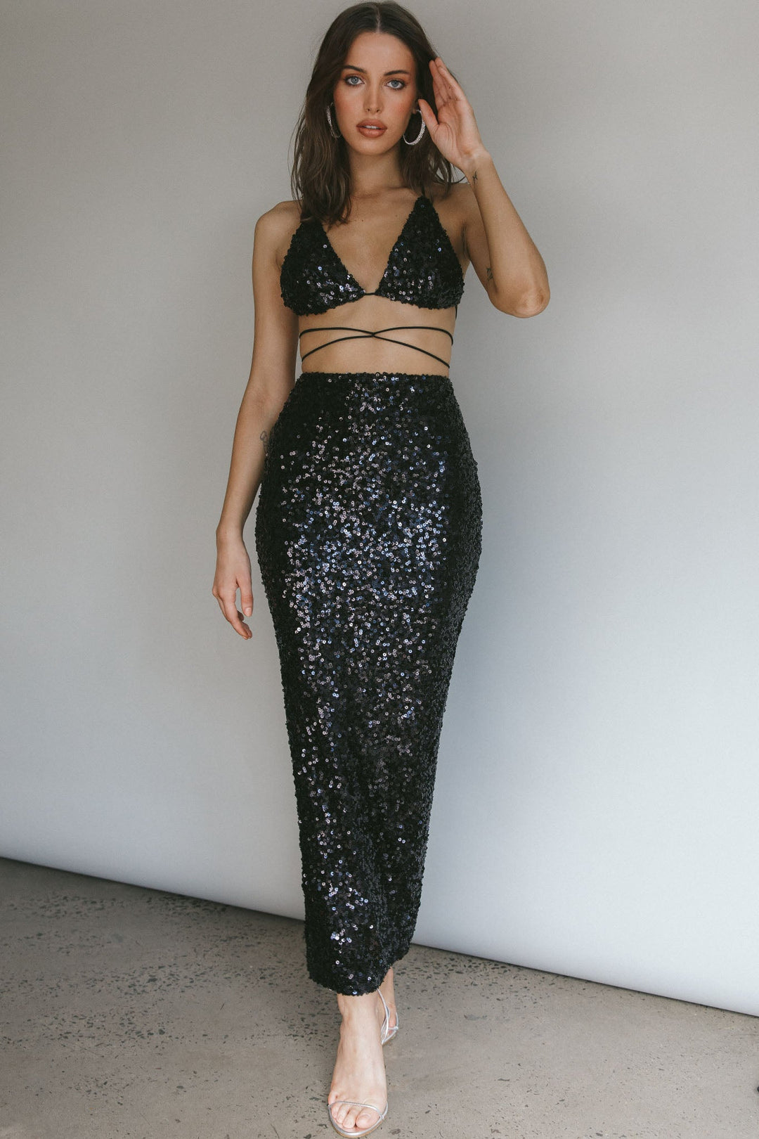 Donna Black Sequin Maxi Co-ord Set Black