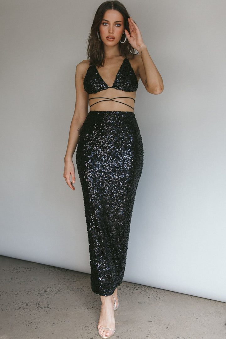 Donna Black Sequin Maxi Co-ord Set Black