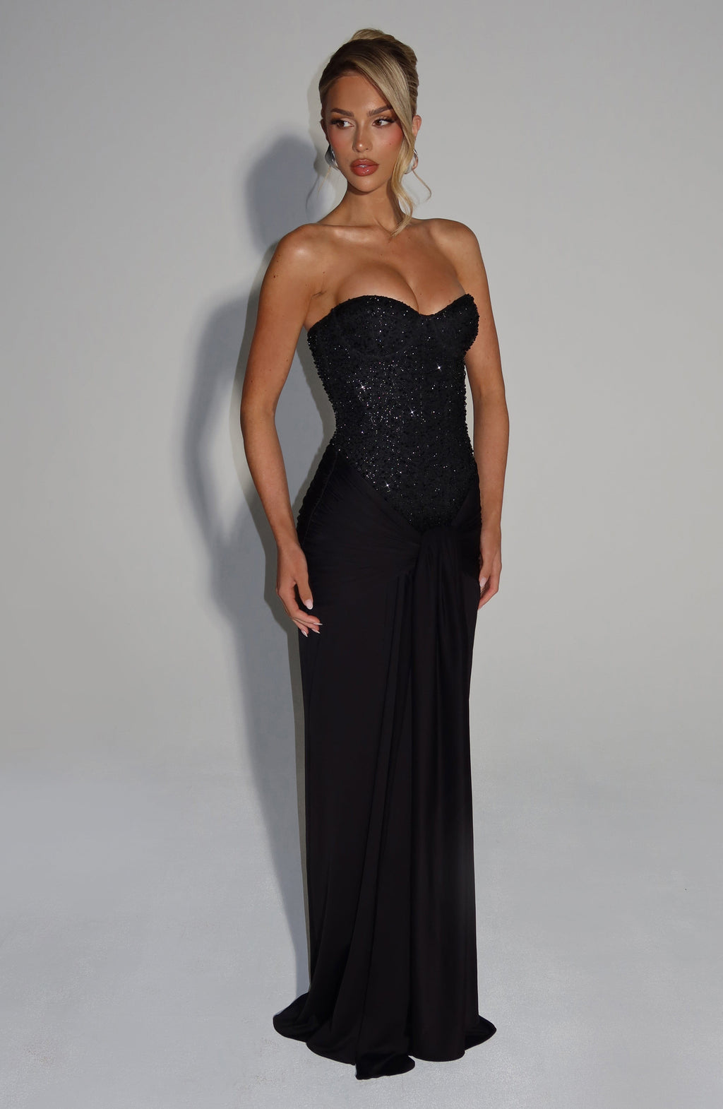 Velvet Flame Strapless Maxi Dress in Black