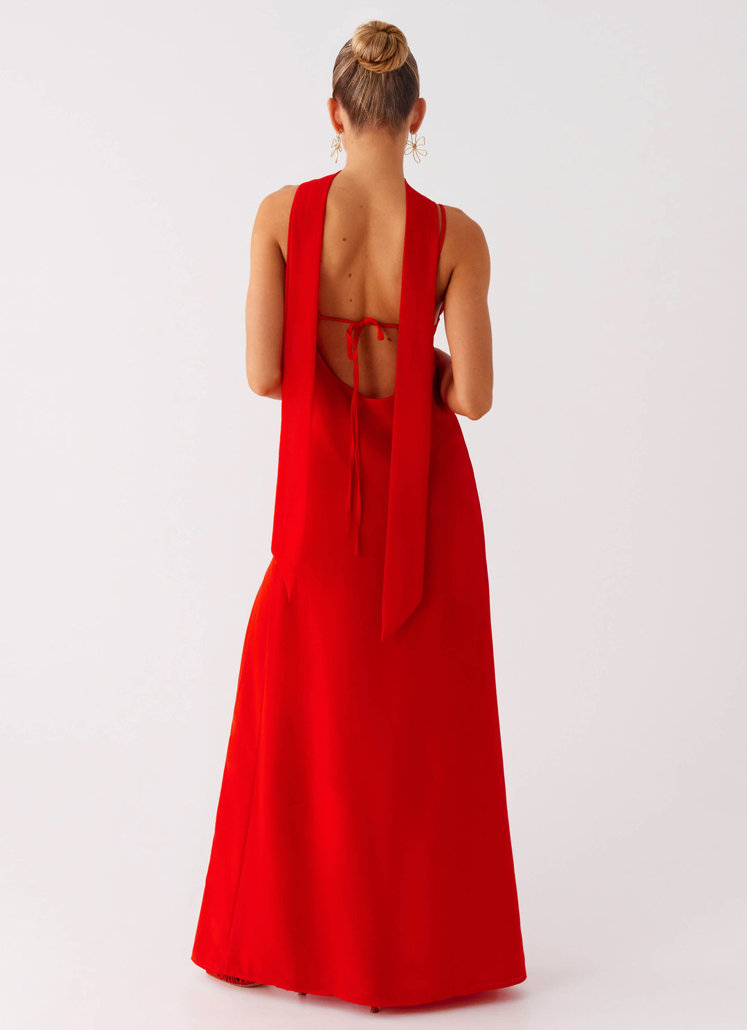 Eve Red Satin Maxi Dress with Scarf  - Raspberry Red
