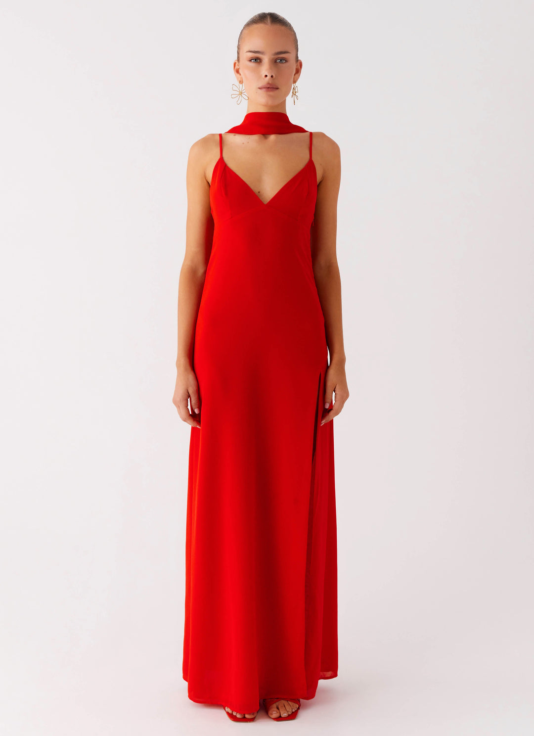Eve Red Satin Maxi Dress with Scarf  - Raspberry Red