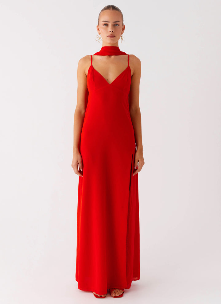Eve Red Satin Maxi Dress with Scarf  - Raspberry Red