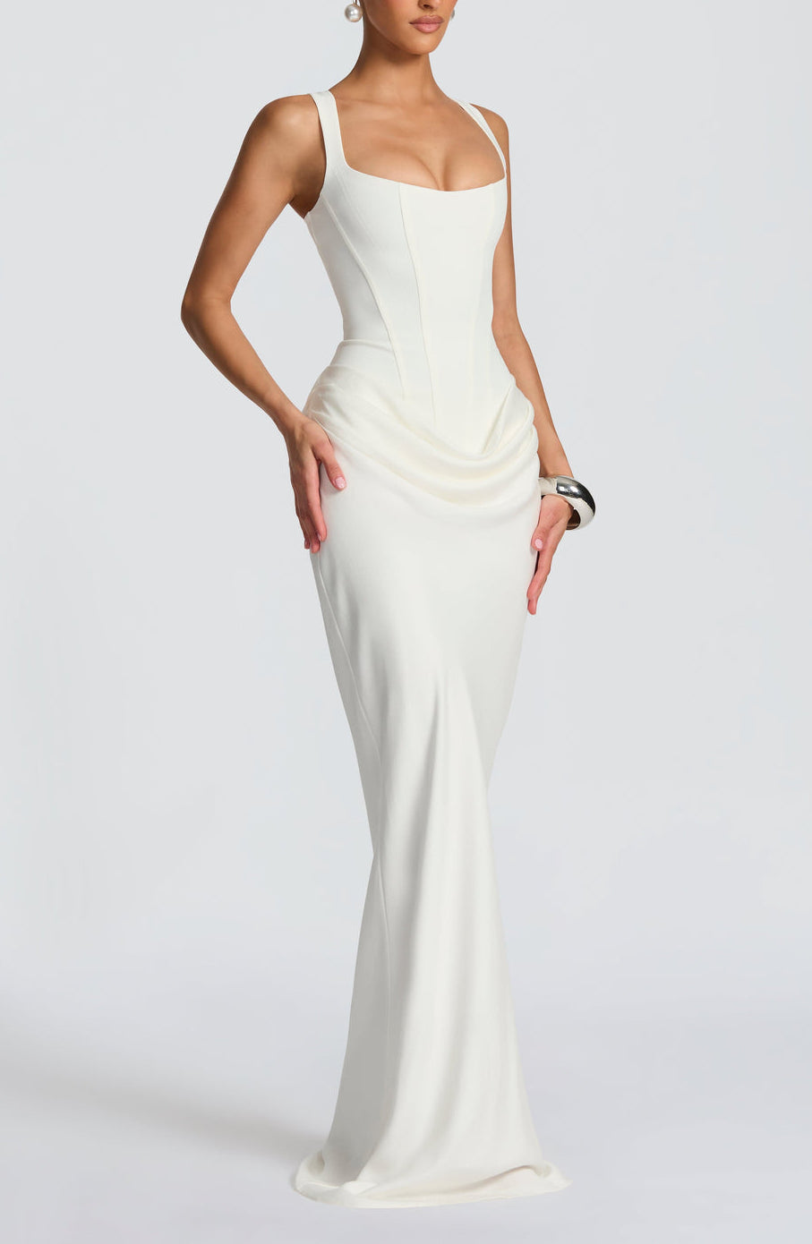 Anelina Satin Draped Maxi Gown in White