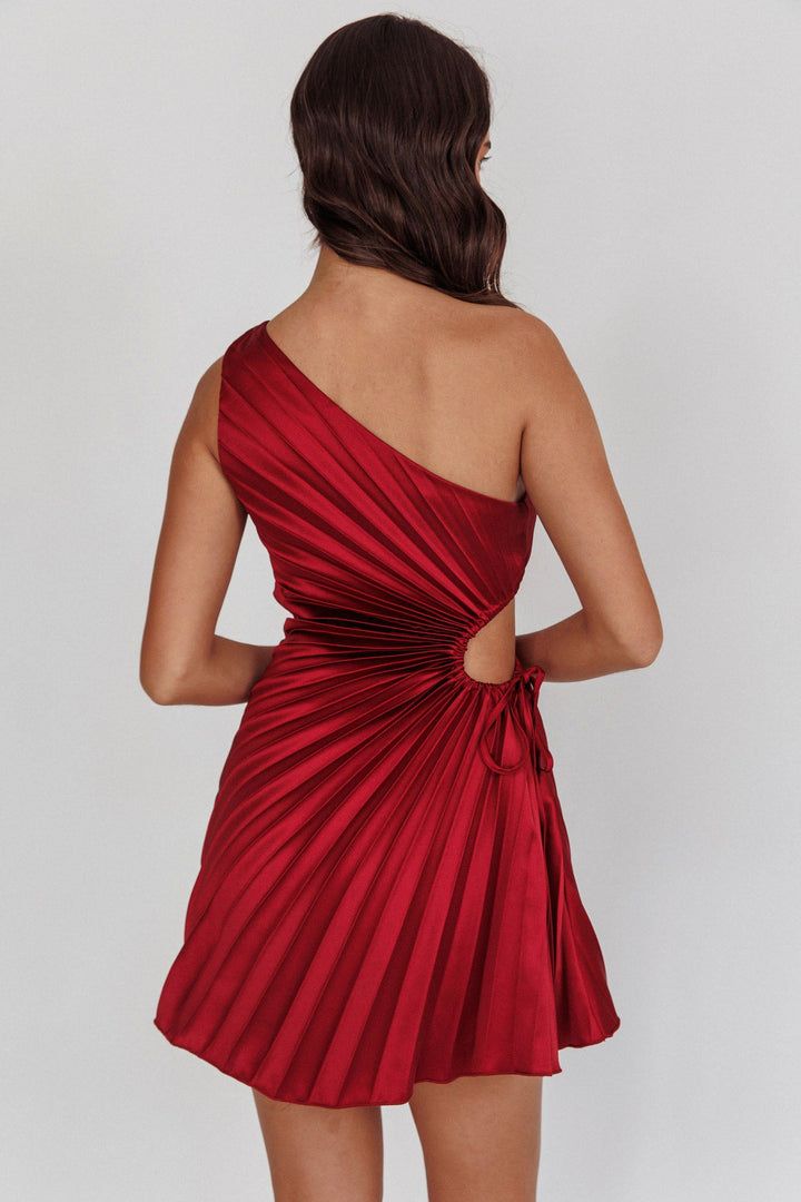 Tyla Waterfall One-Shoulder Plisse Mini Dress Black