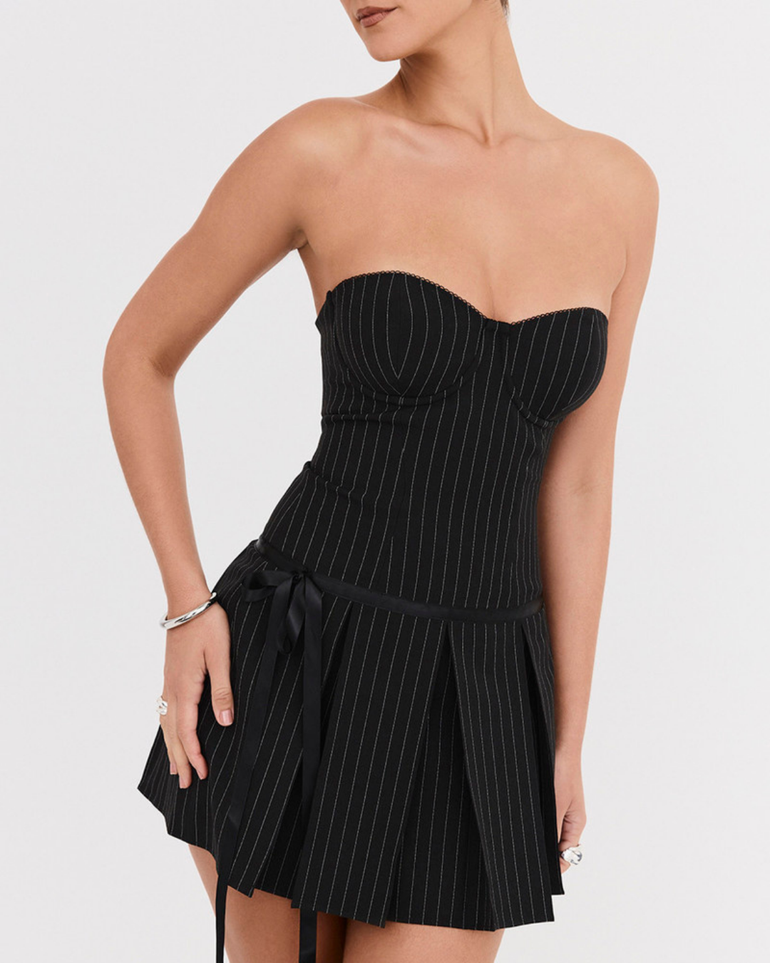 Lilia Pinstripe Mini Dress in Black