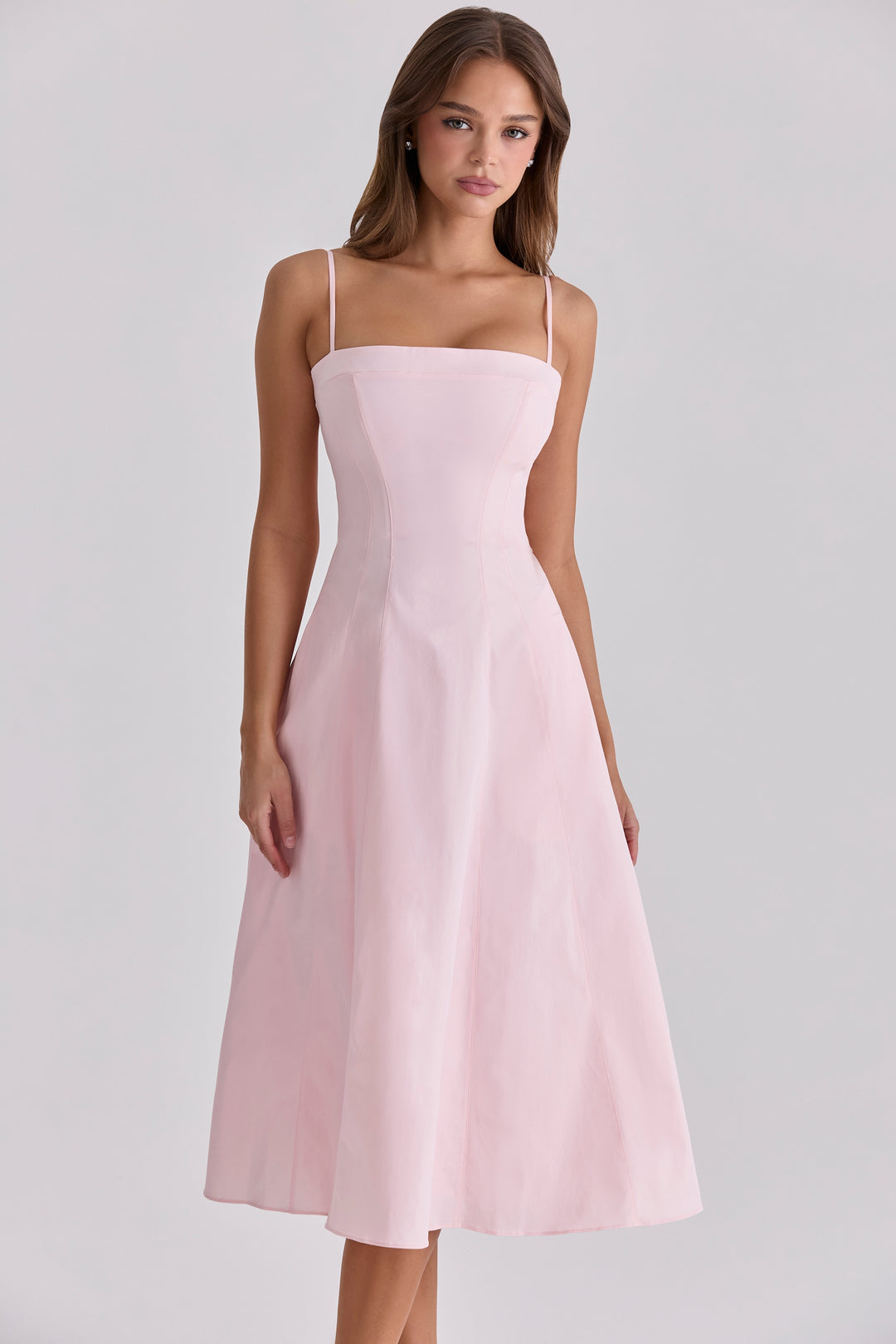 Eira Strappy Fit & Flare Midi Dress in Light pink