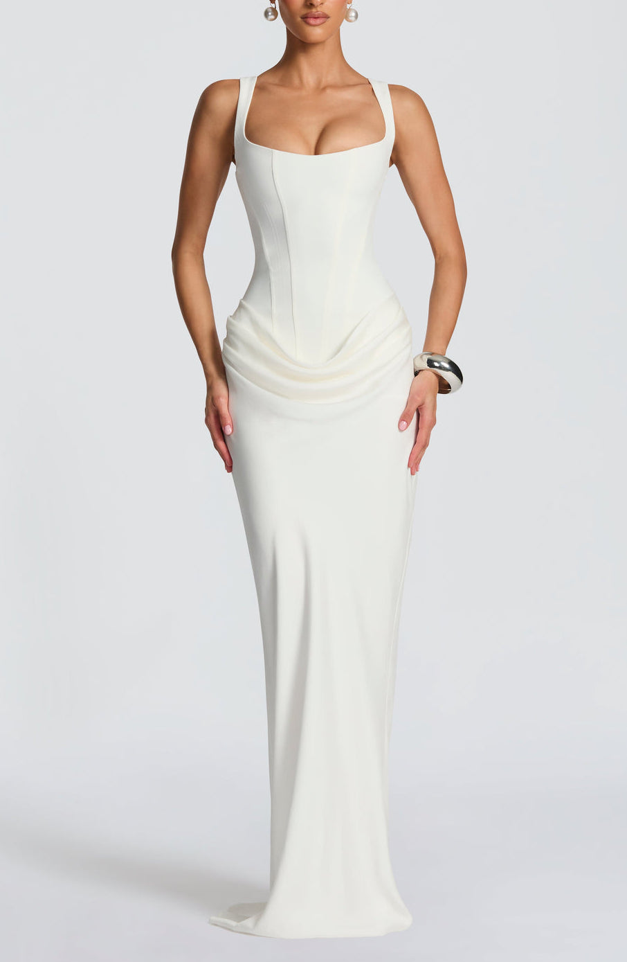 Anelina Satin Draped Maxi Gown in White