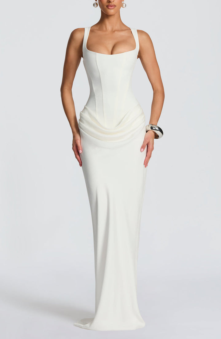 Anelina Satin Draped Maxi Gown in White