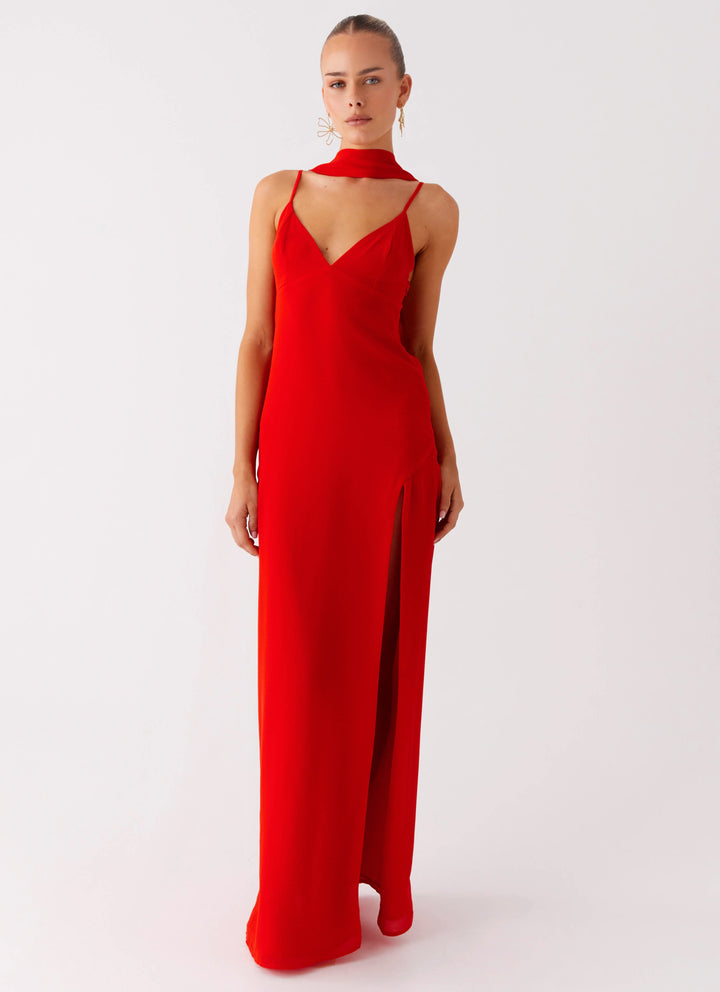 Eve Red Satin Maxi Dress with Scarf  - Raspberry Red