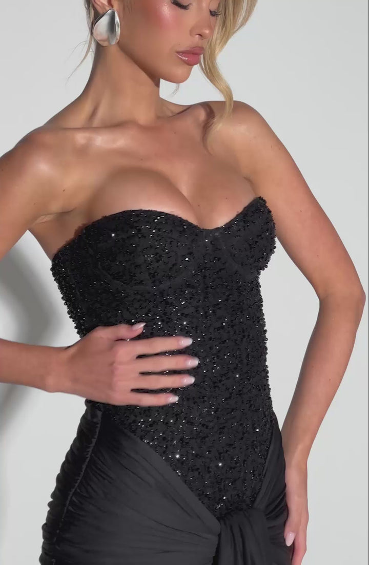 Velvet Flame Strapless Maxi Dress in Black