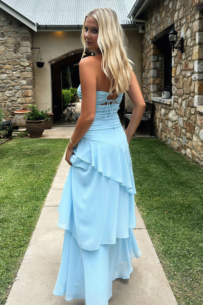 Azure Strapless Ruffle Maxi Dress