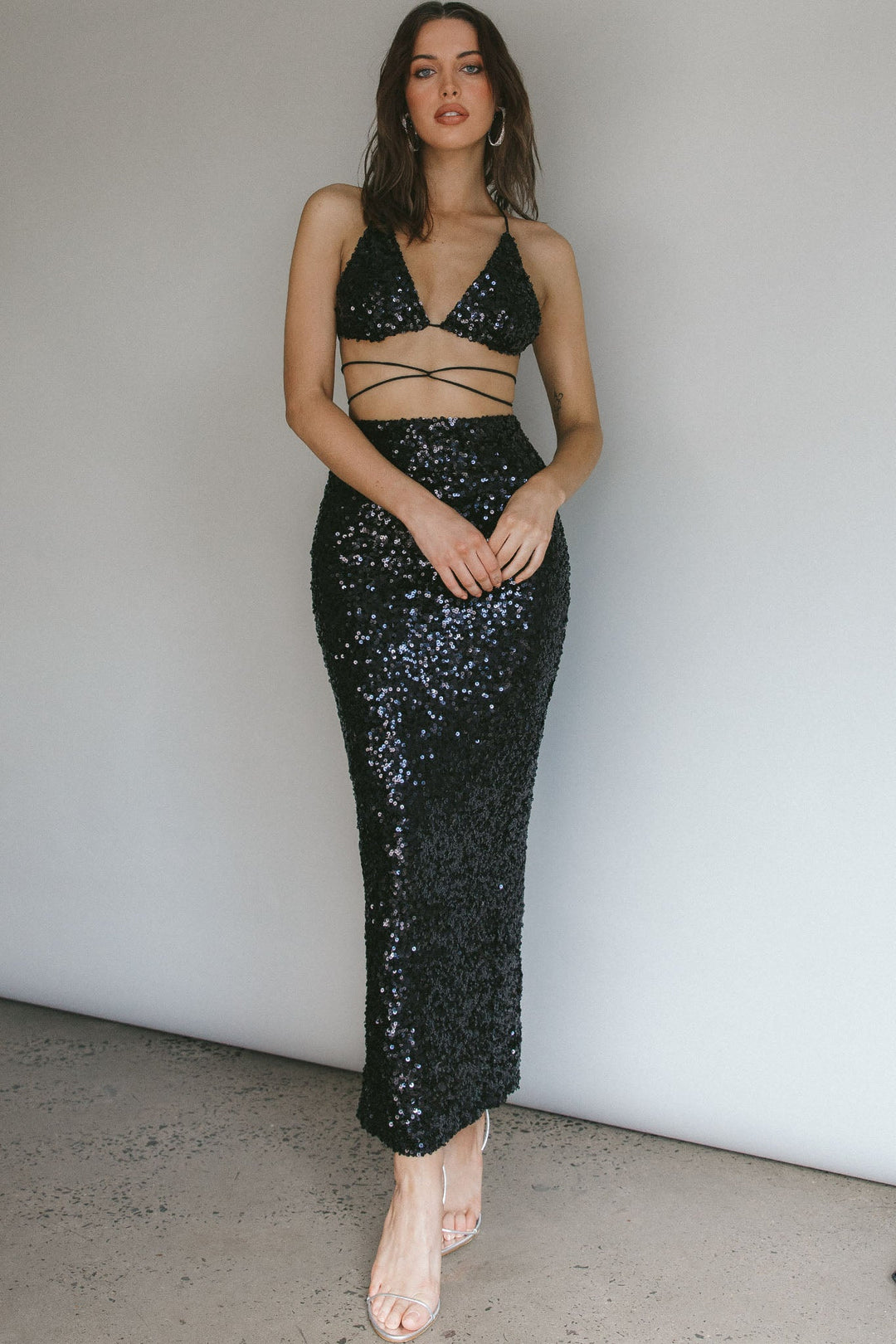 Donna Black Sequin Maxi Co-ord Set Black
