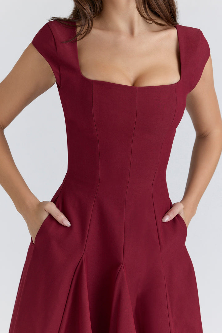 Elise Cap Sleeve Midi Dress in Maroon