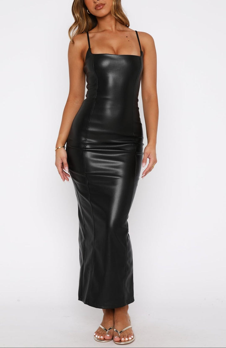 Karina faux leather Midi Dress in Black