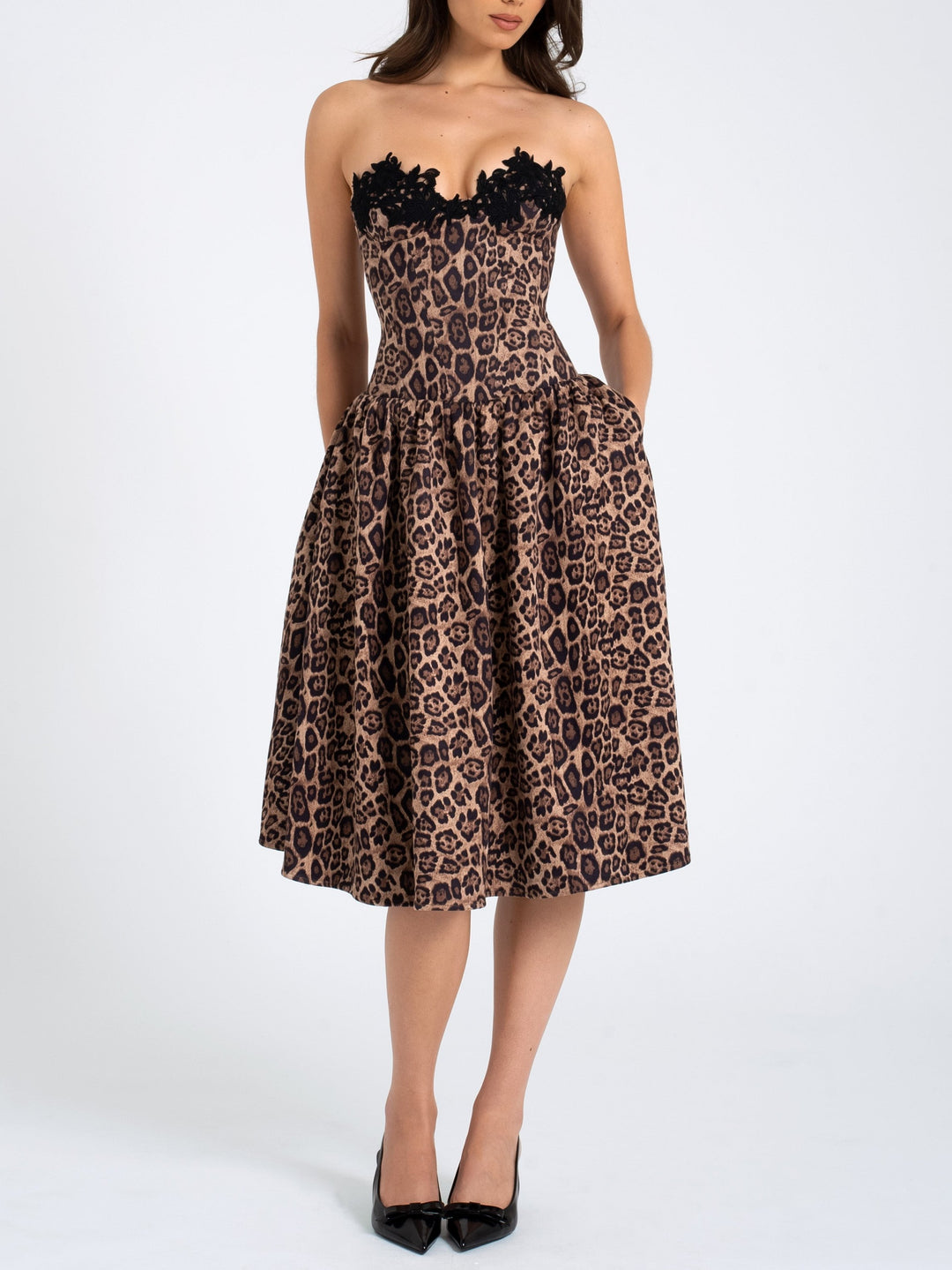 Agnia Cheetah Print Strapless Midi Dress with lace trim