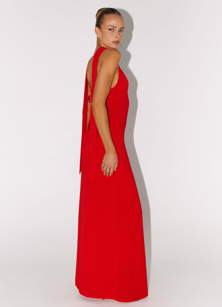 Eve Red Satin Maxi Dress with Scarf  - Raspberry Red