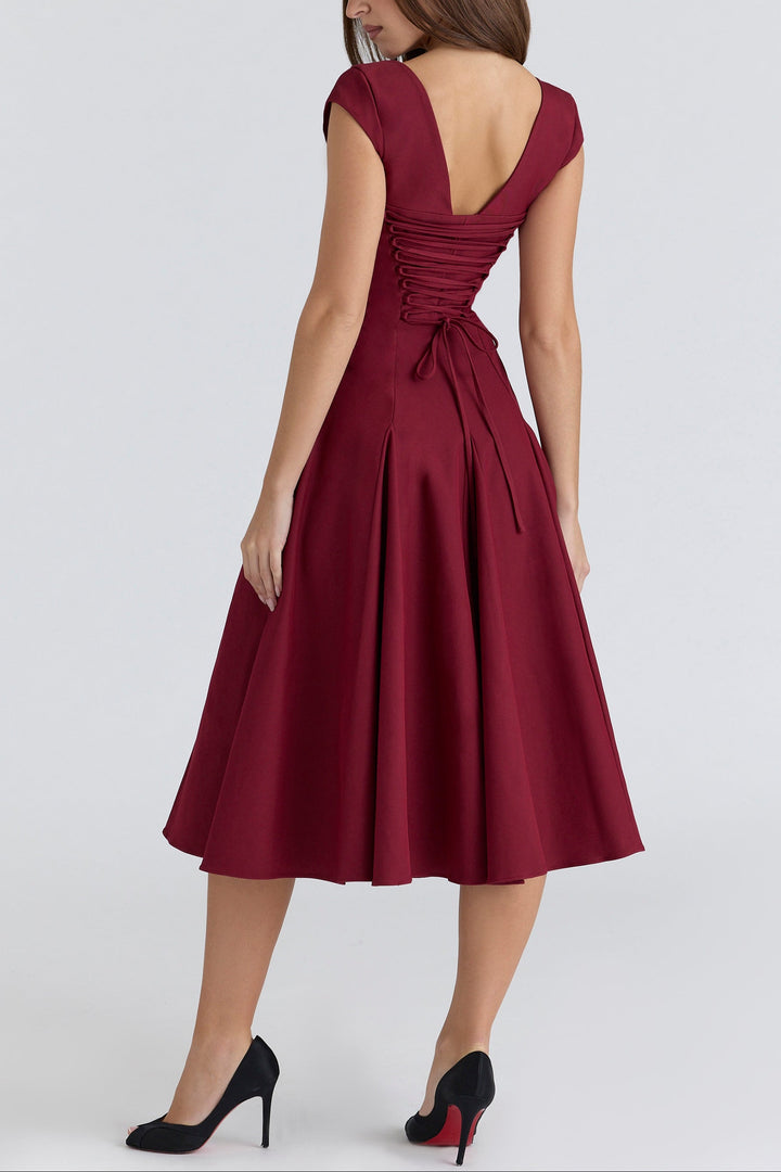 Elise Cap Sleeve Midi Dress in Maroon