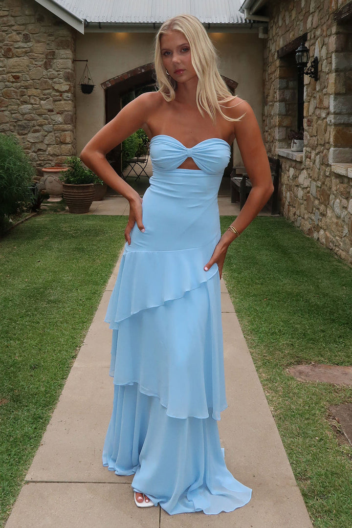 Azure Strapless Ruffle Maxi Dress