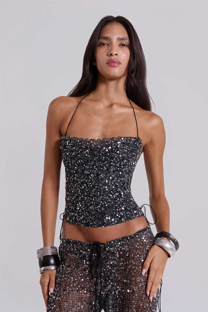 Noir Stardust Side Criss Cross Top in Slate