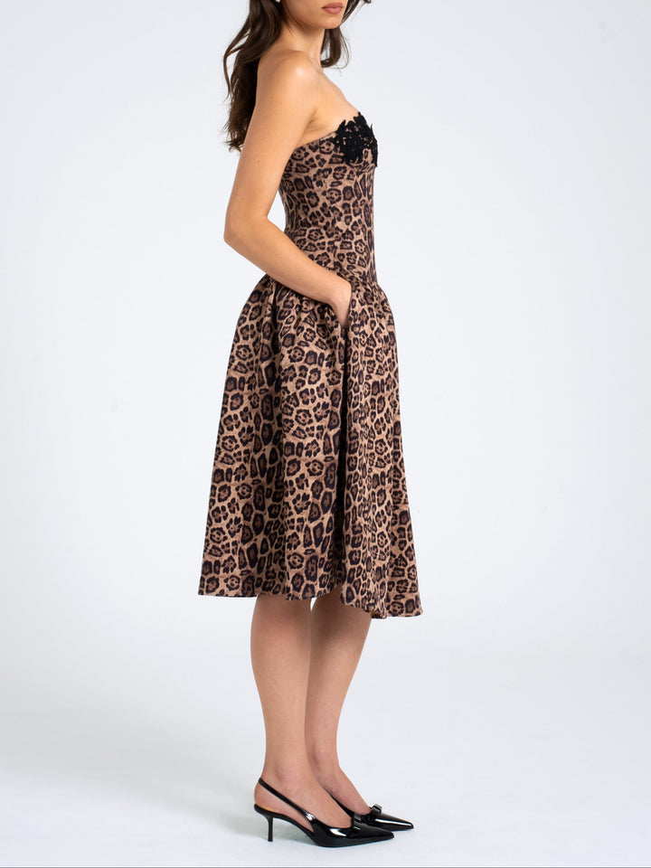 Agnia Cheetah Print Strapless Midi Dress with lace trim