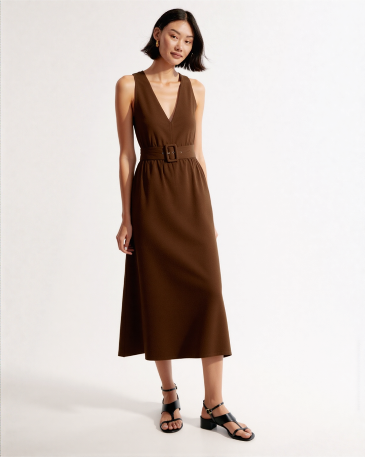 Alita Belt linen midi dress in Brown