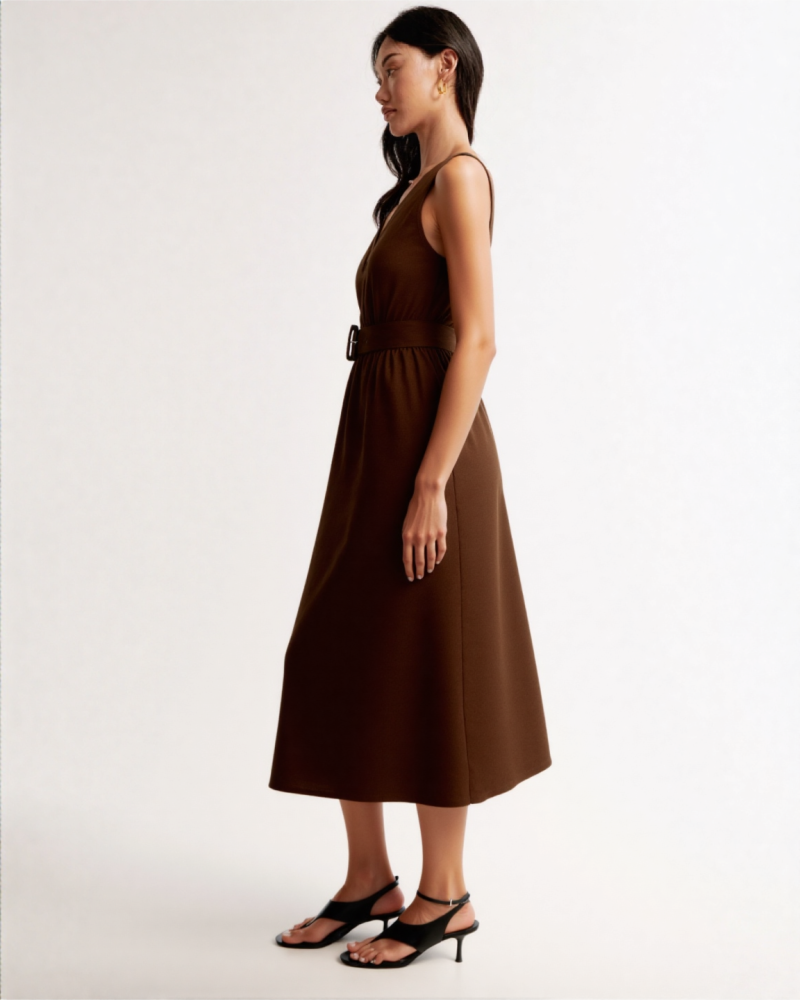 Alita Belt linen midi dress in Brown