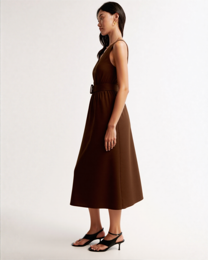 Alita Belt linen midi dress in Brown