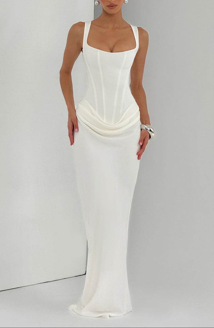 Anelina Satin Draped Maxi Gown in White