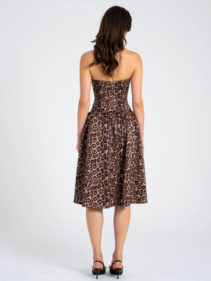 Agnia Cheetah Print Strapless Midi Dress with lace trim