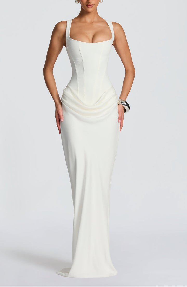 Anelina Satin Draped Maxi Gown in White