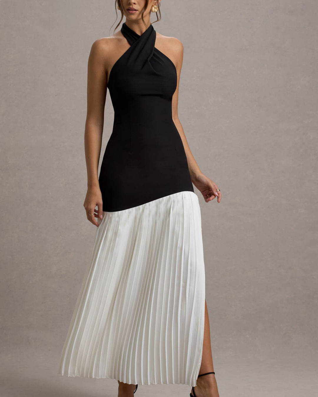 Cira Contrast Halter-Neck Maxi Dress With Plisse Skirt