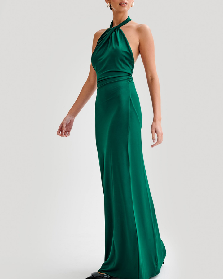 Evgenia Slinky Halter Maxi Dress in Forest Green