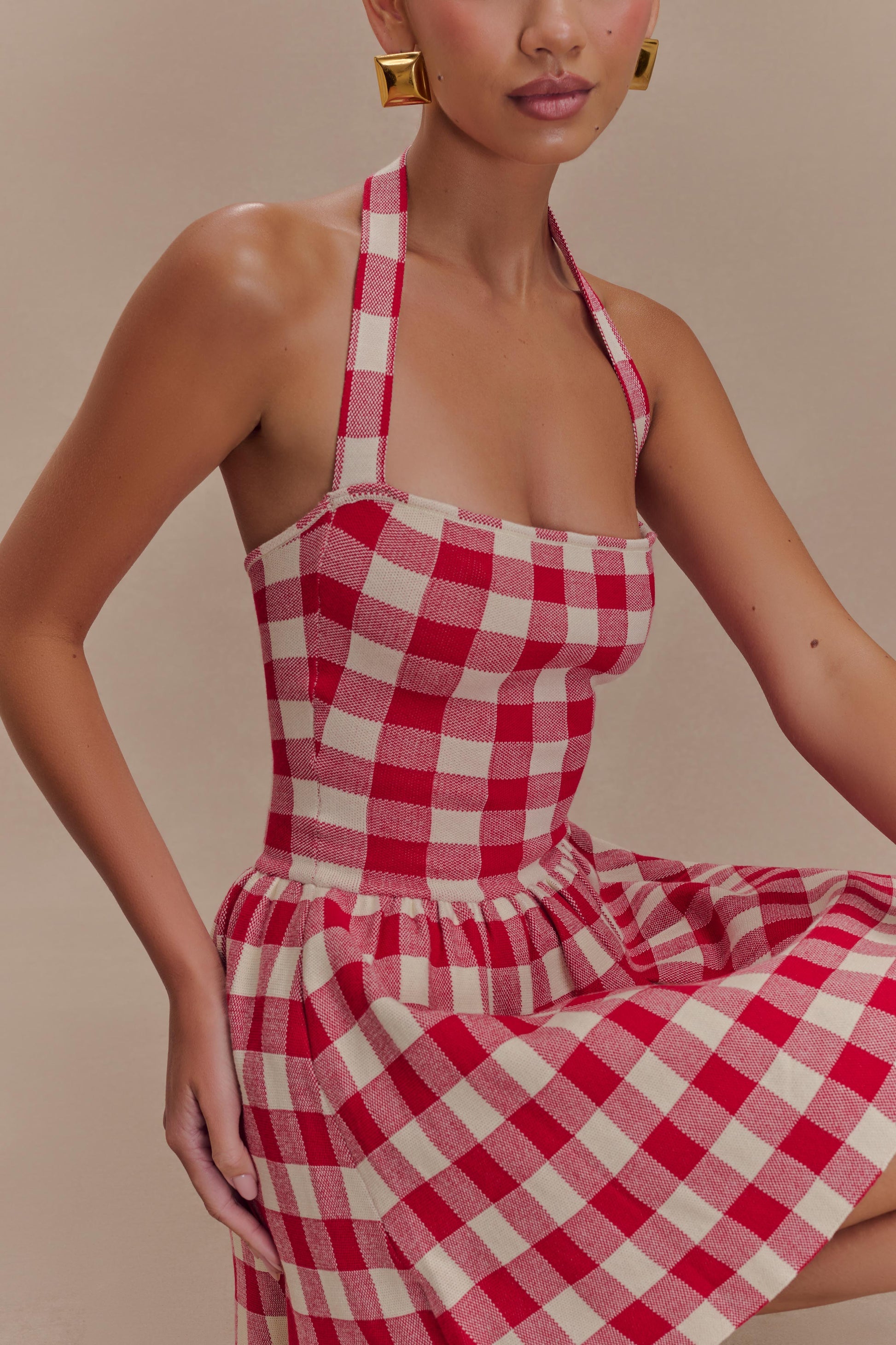 Slavina Halter Knit Mini Dress in Red Gingham – OUTCAST
