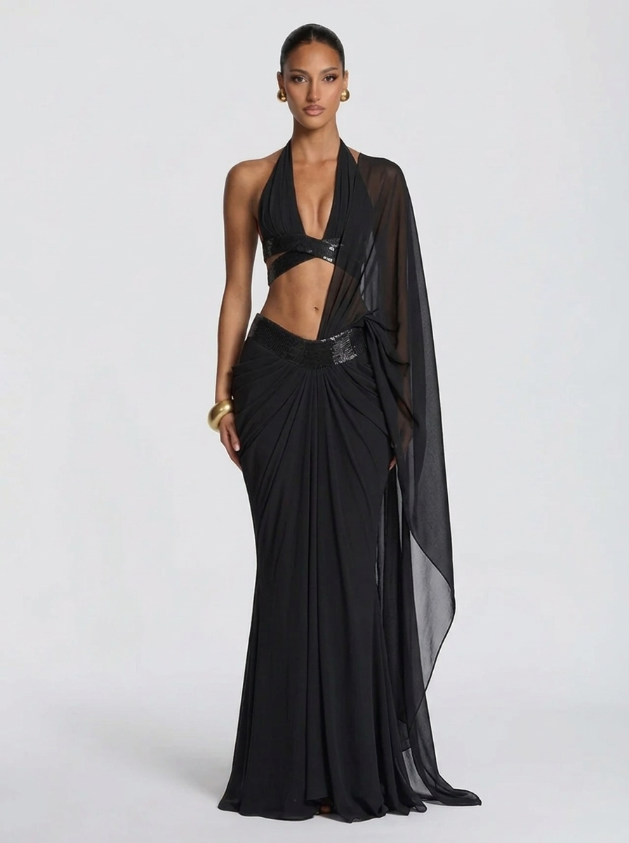 Aurevane Plunged Co-ord Maxi Dress in White
