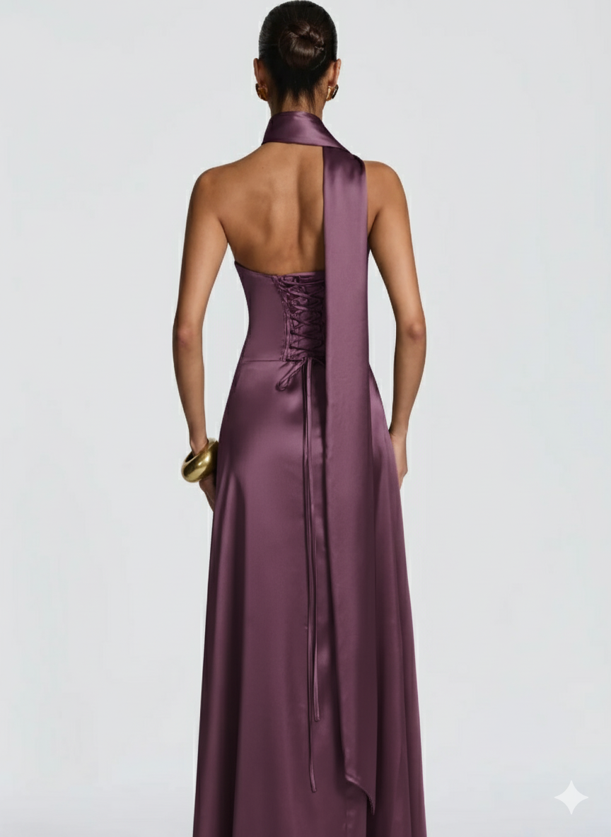 Amalfi Strapless Satin Maxi Dress with scarf in Purple