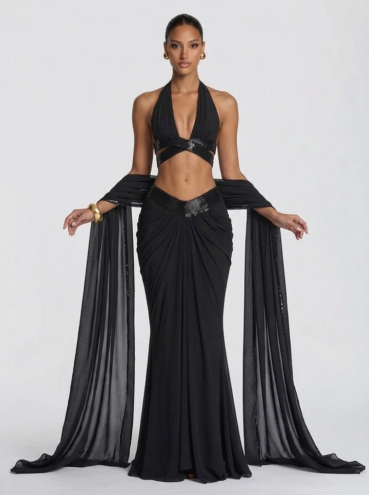 Aurevane Plunged Co-ord Maxi Dress in White
