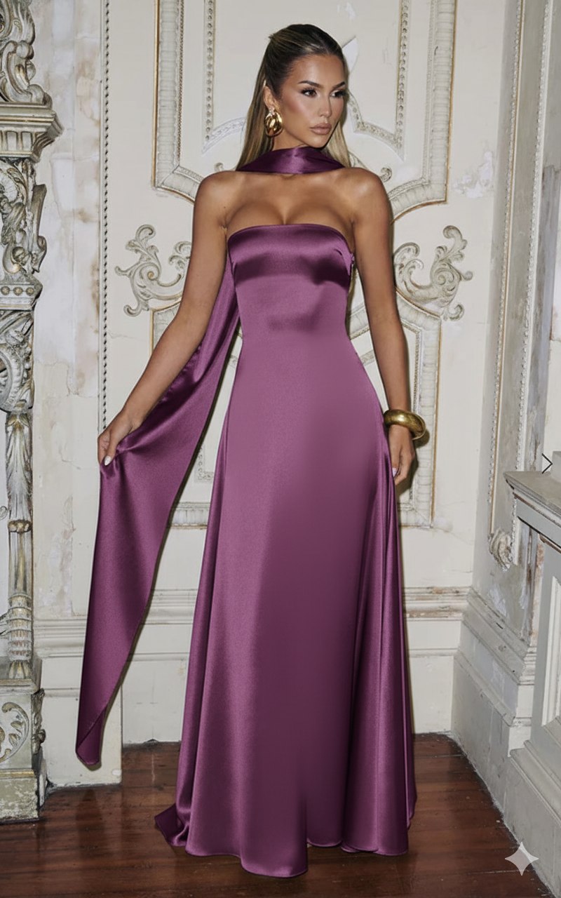 Amalfi Strapless Satin Maxi Dress with scarf in Purple