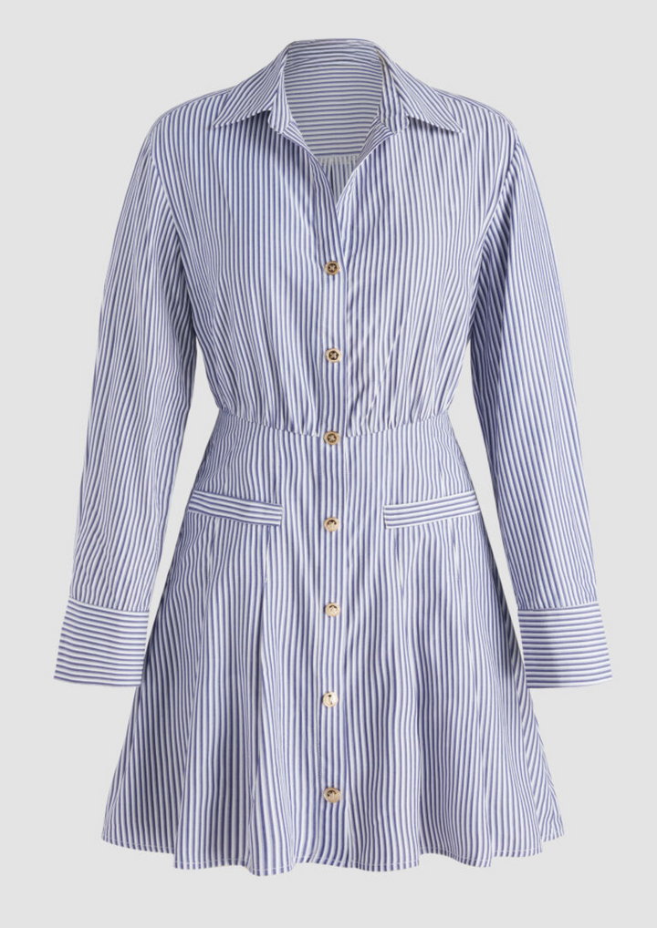 COLLAR STRIPE BUTTON MINI DRESS